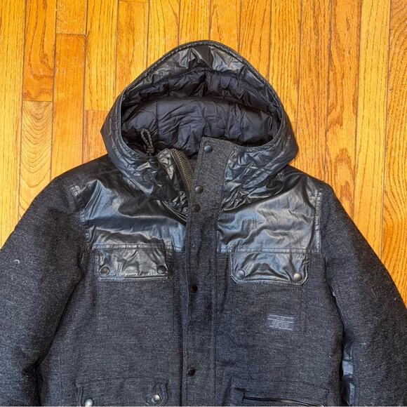 ALL SAINTS Spitalfields Men's Wool and Faux Leather Down Filled Parka Size XL - Picture 2 of 9